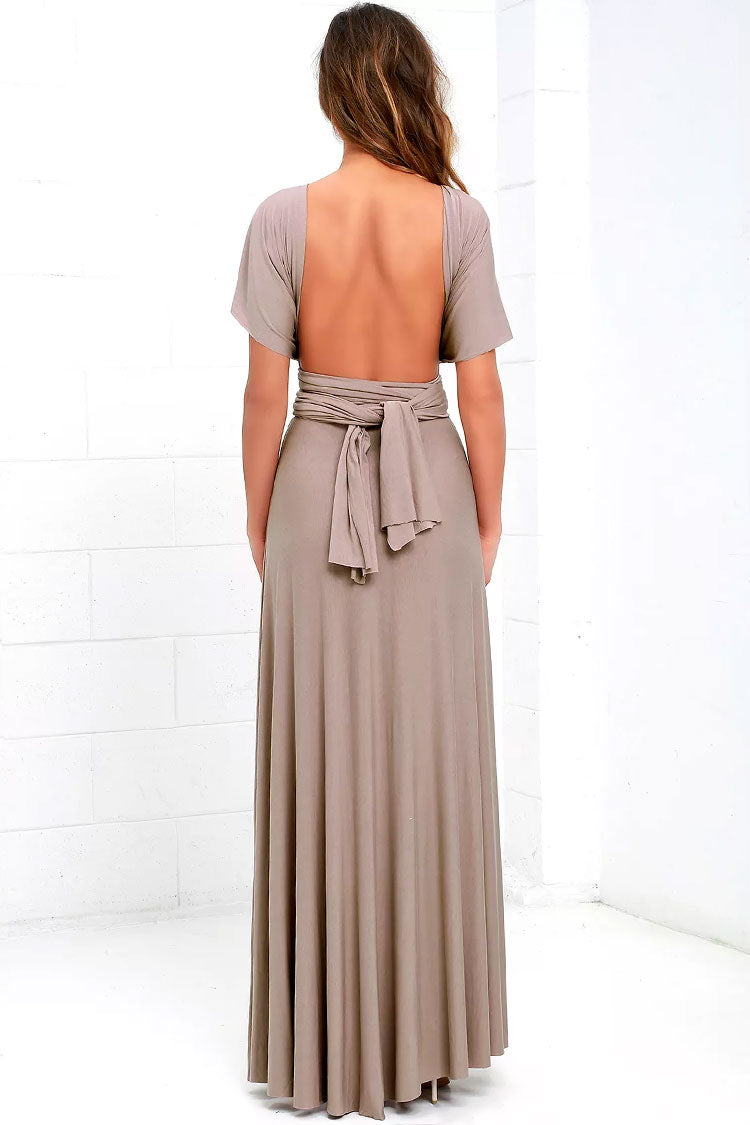 Convertible High Waist A-Line Infinity Maxi Bridesmaid Dress - Khaki - Fashionpara