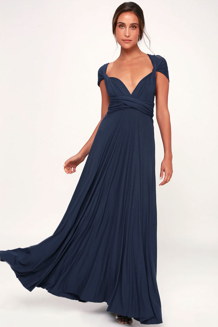 Convertible High Waist A-Line Infinity Maxi Bridesmaid Dress - Navy Blue - Fashionpara