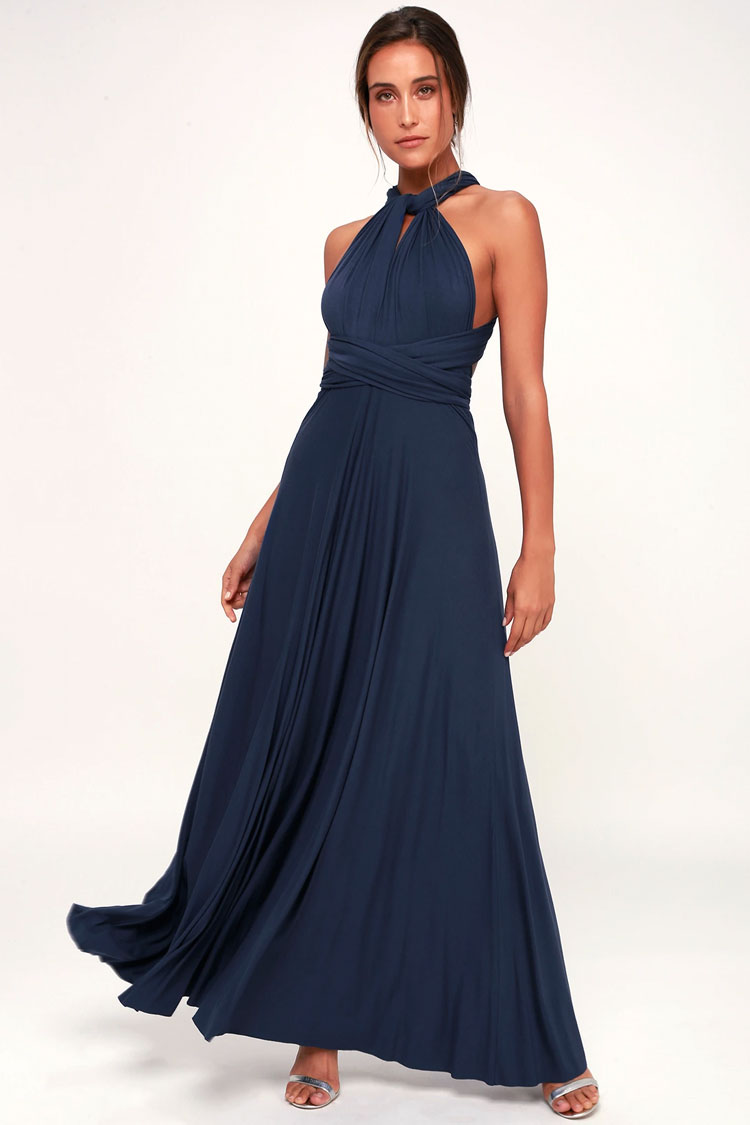 Convertible High Waist A-Line Infinity Maxi Bridesmaid Dress - Navy Blue - Fashionpara