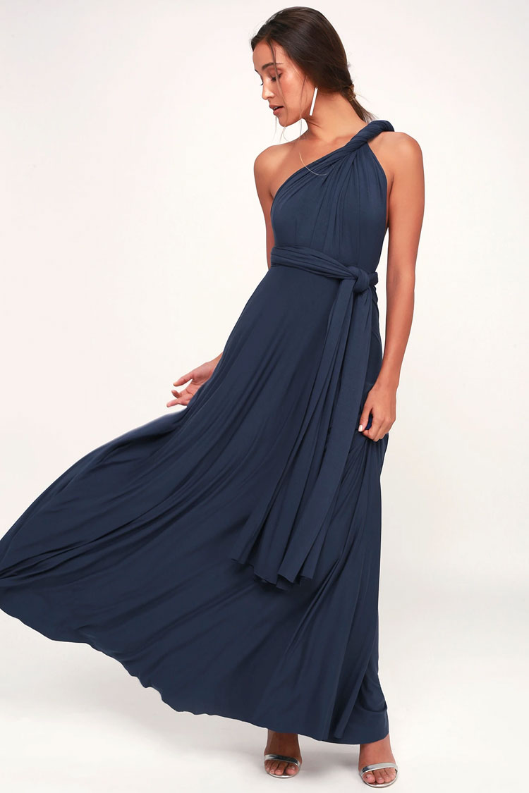 Convertible High Waist A-Line Infinity Maxi Bridesmaid Dress - Navy Blue - Fashionpara