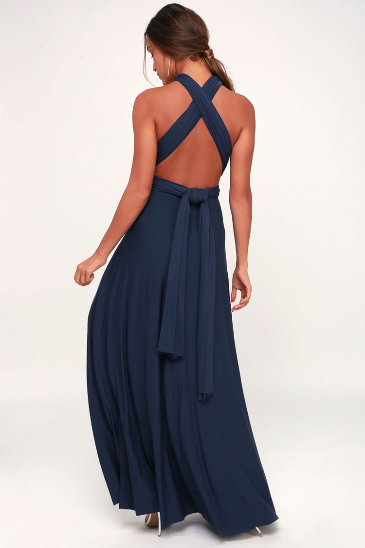 Convertible High Waist A-Line Infinity Maxi Bridesmaid Dress - Navy Blue - Fashionpara
