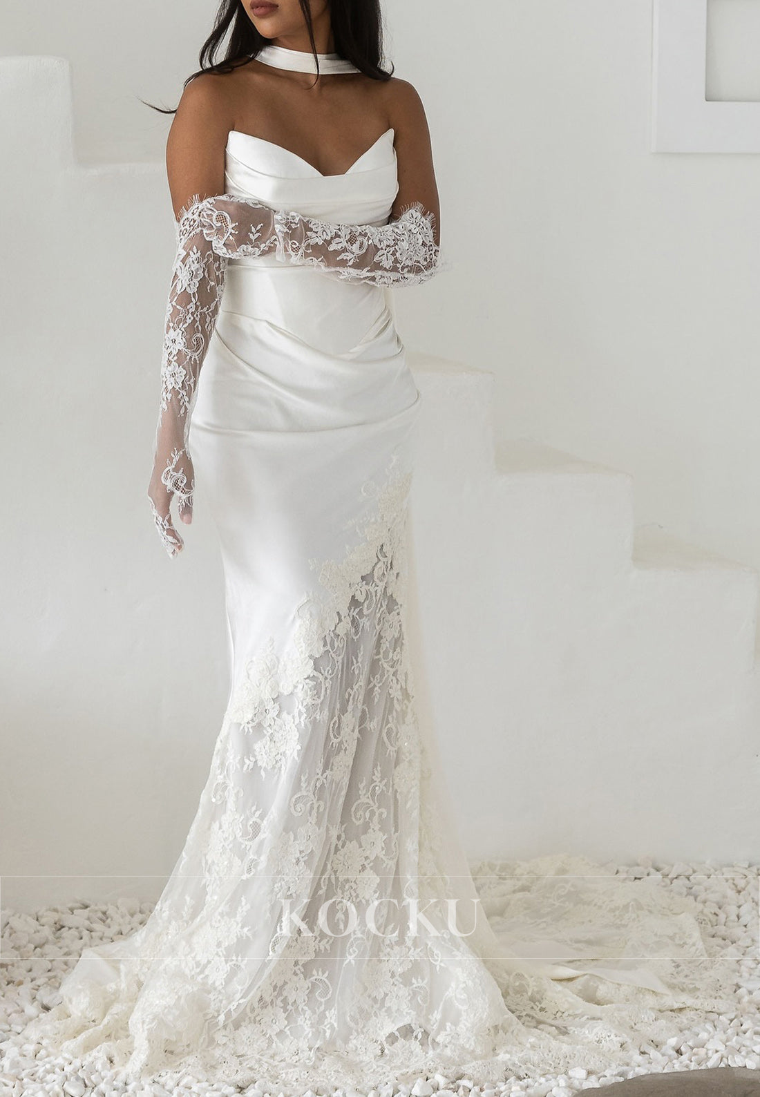 Elegant Strapless Ruched Satin Mermaid Wedding Dress with Lace Overlay, Sheer Gloves and Scarf