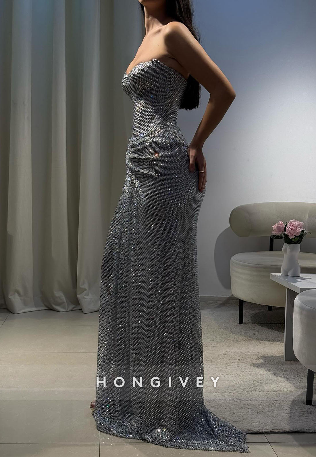 Glitter Evening Gown Sweetheart Floor-Length Pleated Sheath Formal Dresses