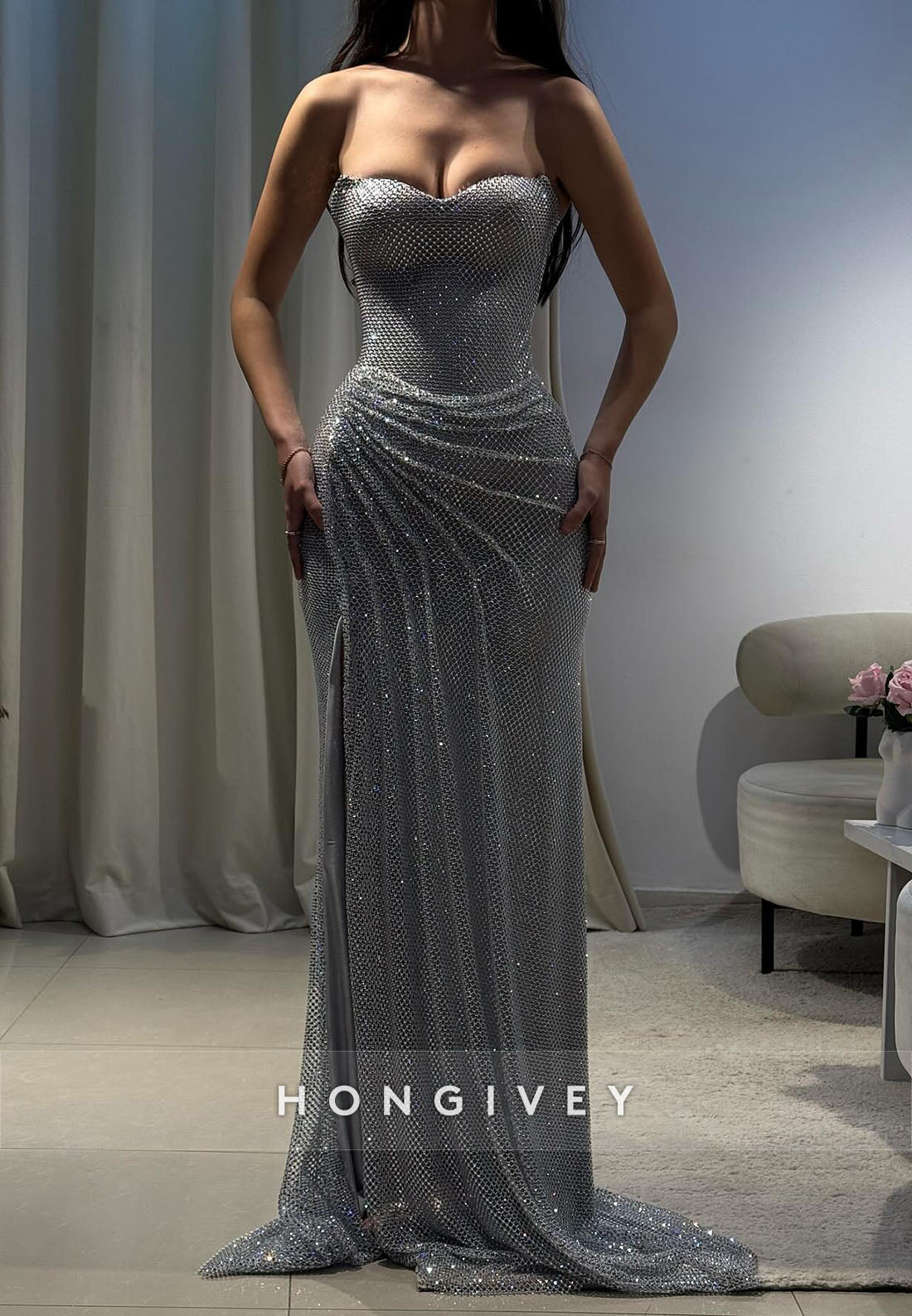 Glitter Evening Gown Sweetheart Floor-Length Pleated Sheath Formal Dresses
