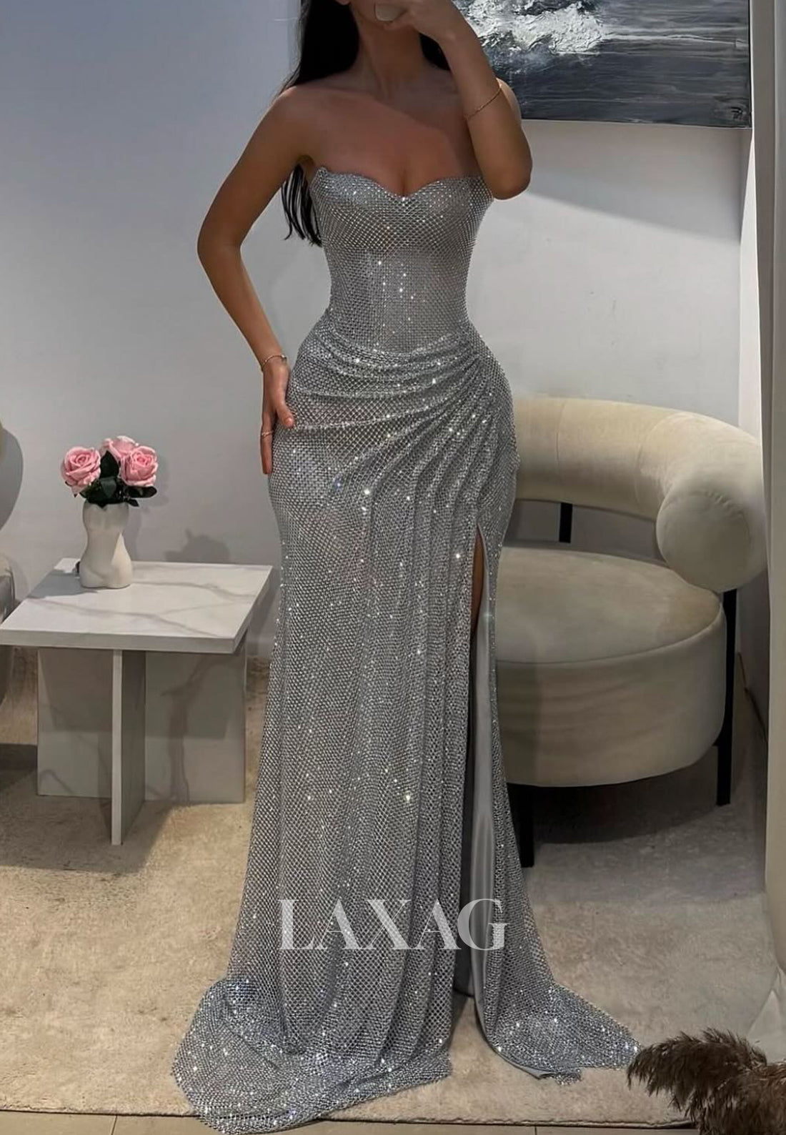 Sweetheart Sleeveless Mermaid Prom Dress Sequined Pleated Glitter-Knit Party Gowns with Slit