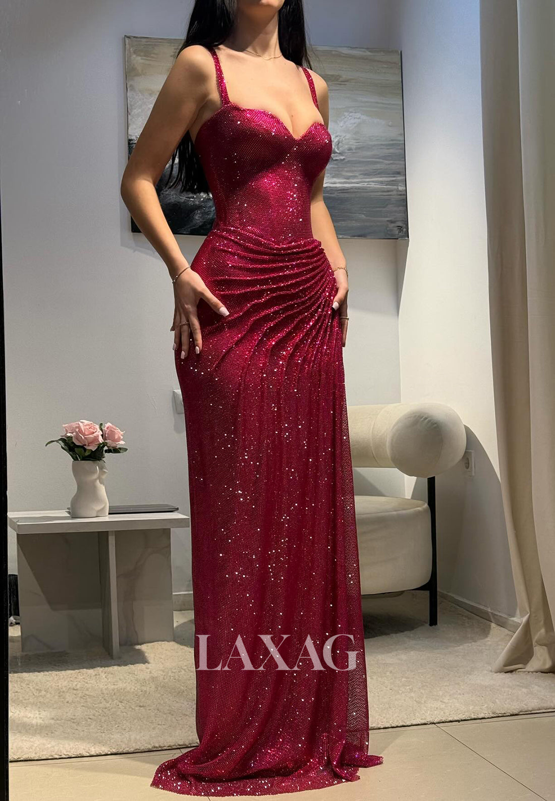 Spaghetti Straps Sequined Pleated Glitter-Knit Party Gowns Sweetheart Sleeveless Mermaid Prom Dress