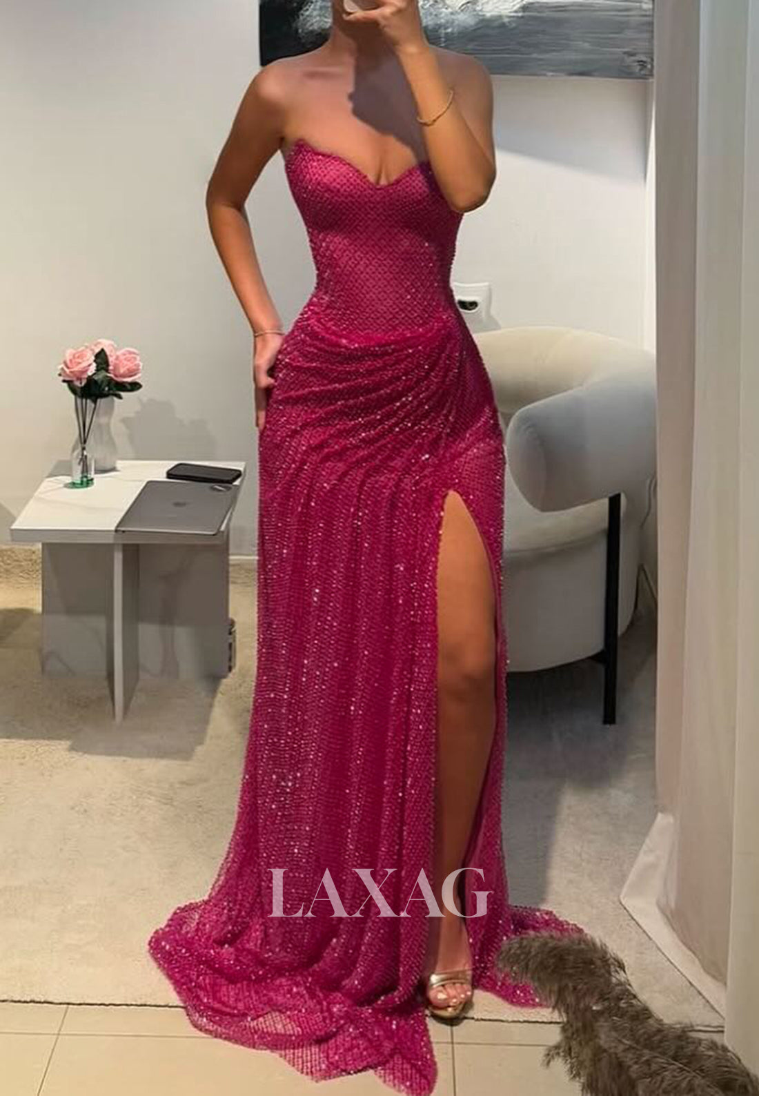 Sweetheart Sleeveless Mermaid Prom Dress Sequined Pleated Glitter-Knit Party Gowns with Slit