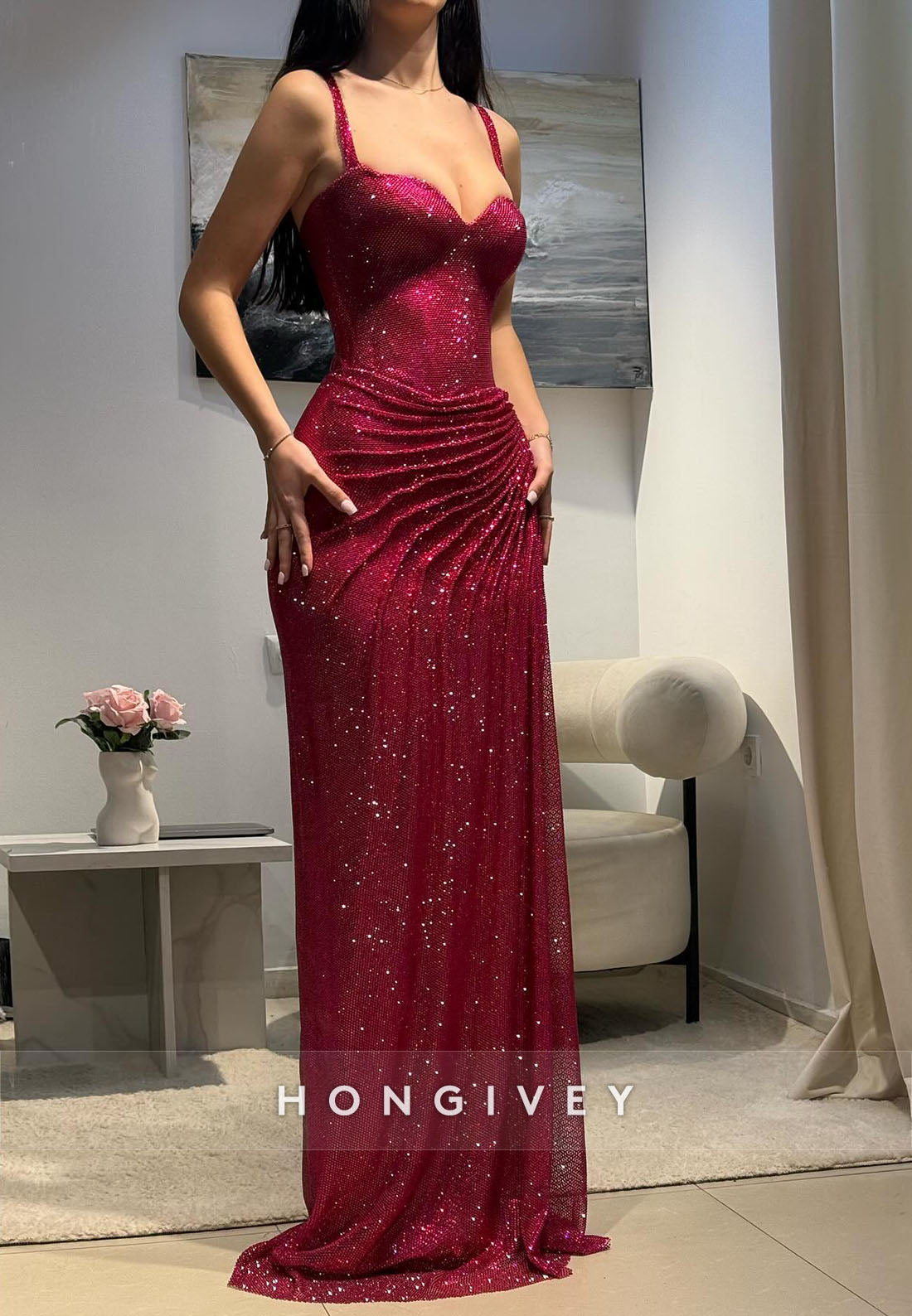 Sweetheart Glitter Evening Gown Regular Straps Floor-Length Pleated Sheath Formal Dresses