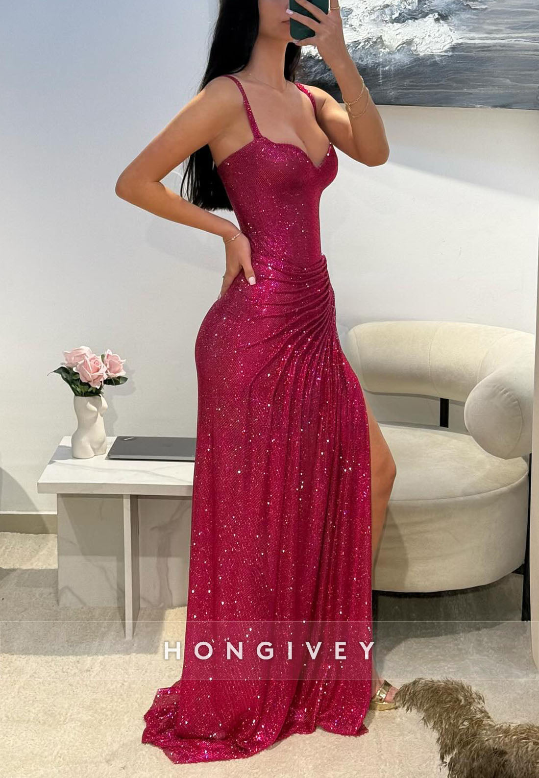 Sweetheart Glitter Evening Gown Regular Straps Floor-Length Pleated Sheath Formal Dresses