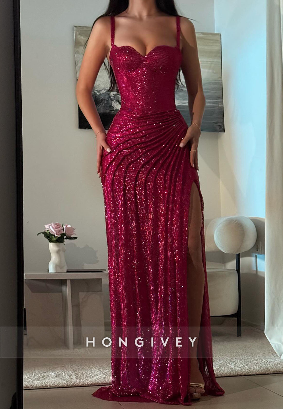 Sweetheart Glitter Evening Gown Regular Straps Floor-Length Pleated Sheath Formal Dresses