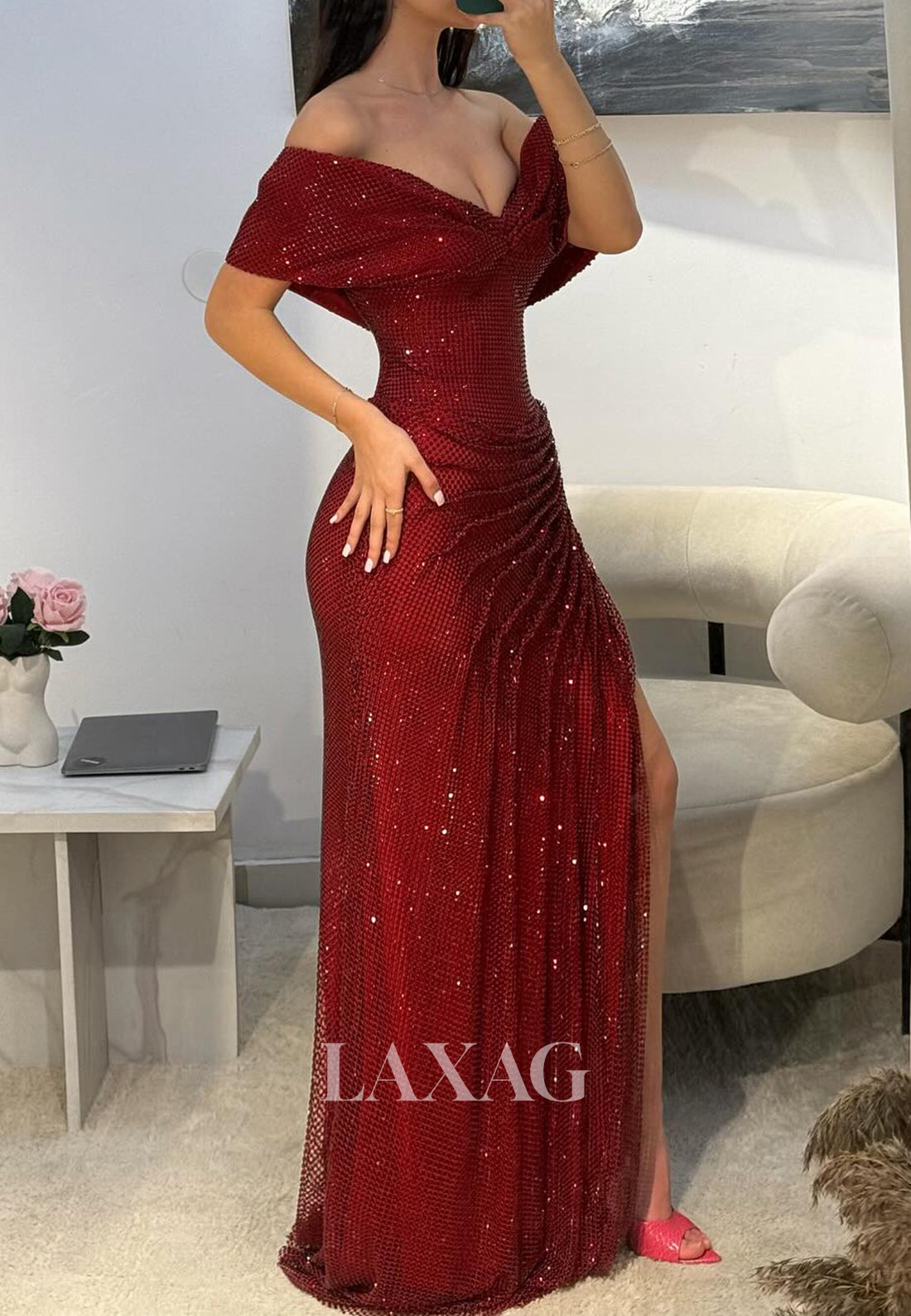 V-Neck Sleeveless Floor-Length Mermaid Prom Dress Sequined Pleated Glitter-Knit Party Gowns