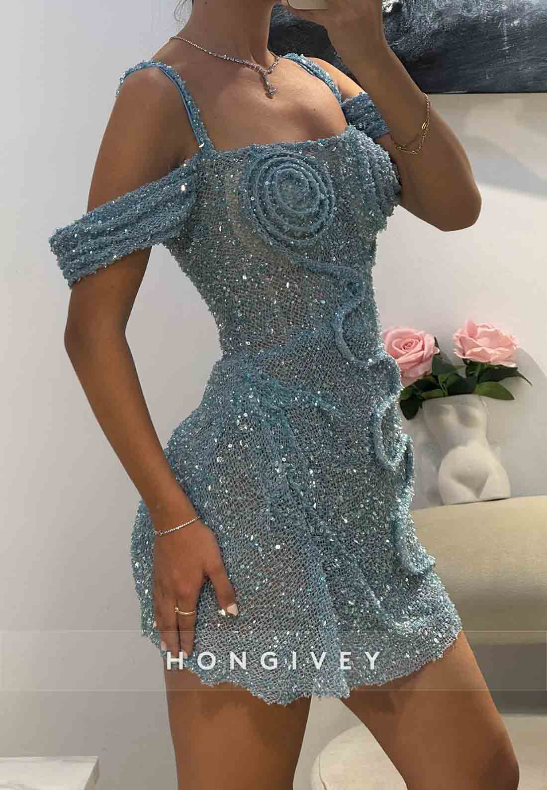 Off-Shoulder Square Neck Sheath Glitter Regular Straps Pleated Mini Homecoming Dresses