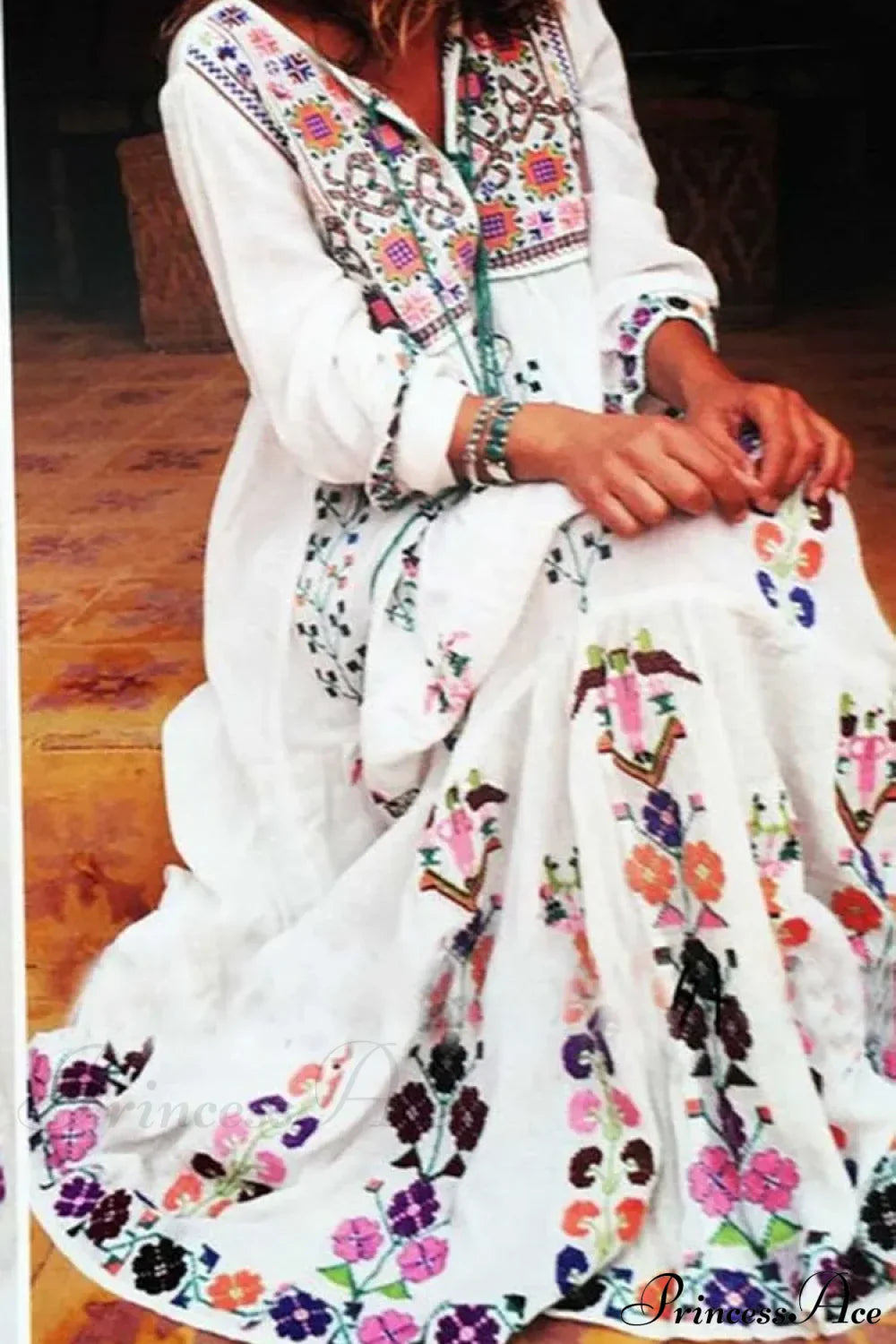 Cotton Floral Embroidered Maxi Dress WHITE / S bohodress-250126