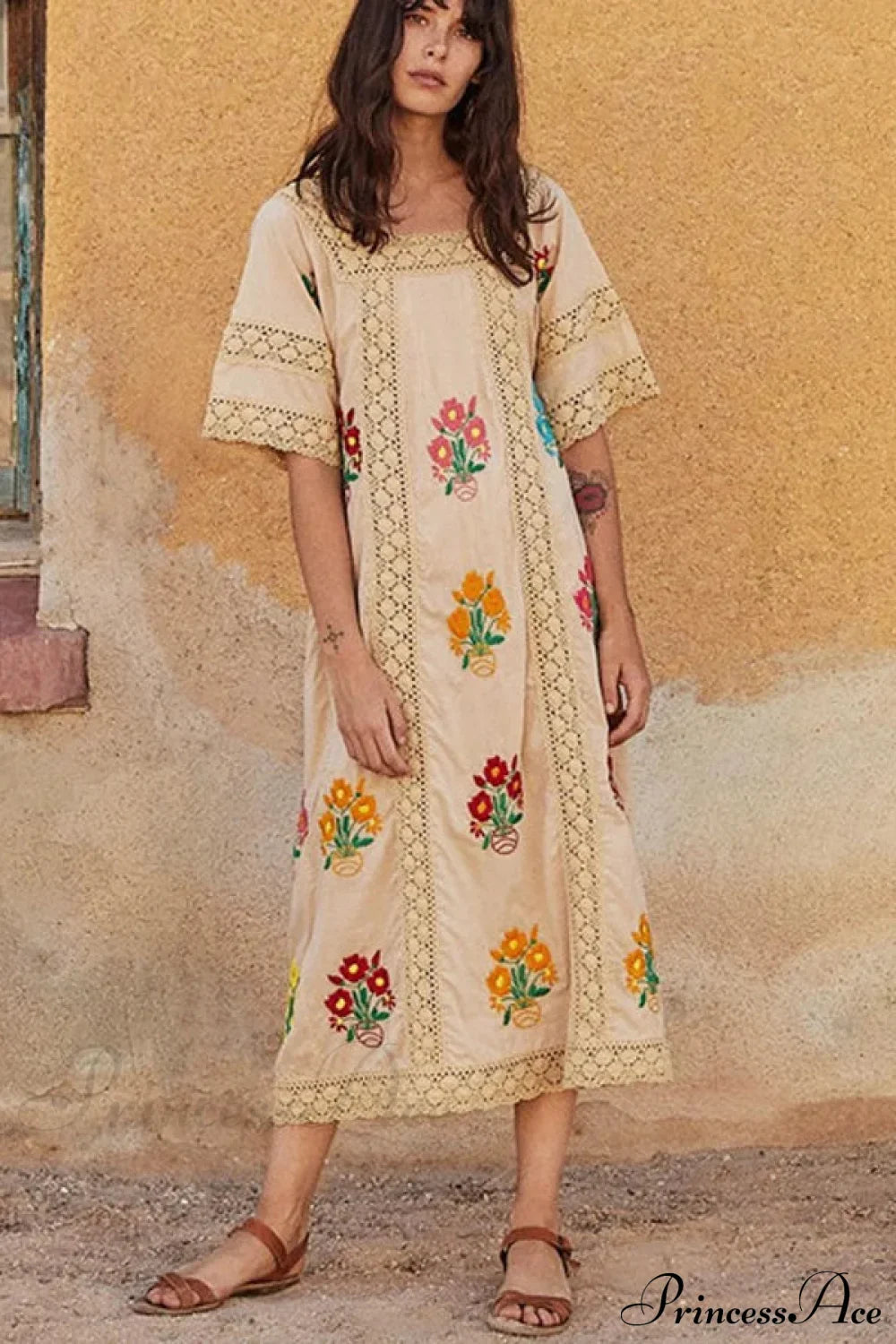 Cotton Floral Embroidery Boho Dress Khaki / S bohodress-250126