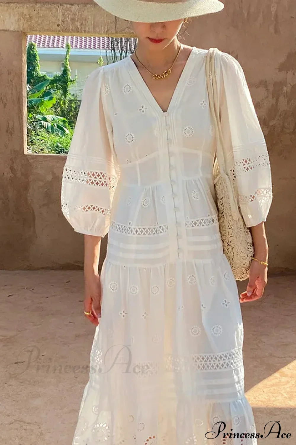 Cotton Floral V-neck Slim Summer Boho Dress off white / S bohodress-250126