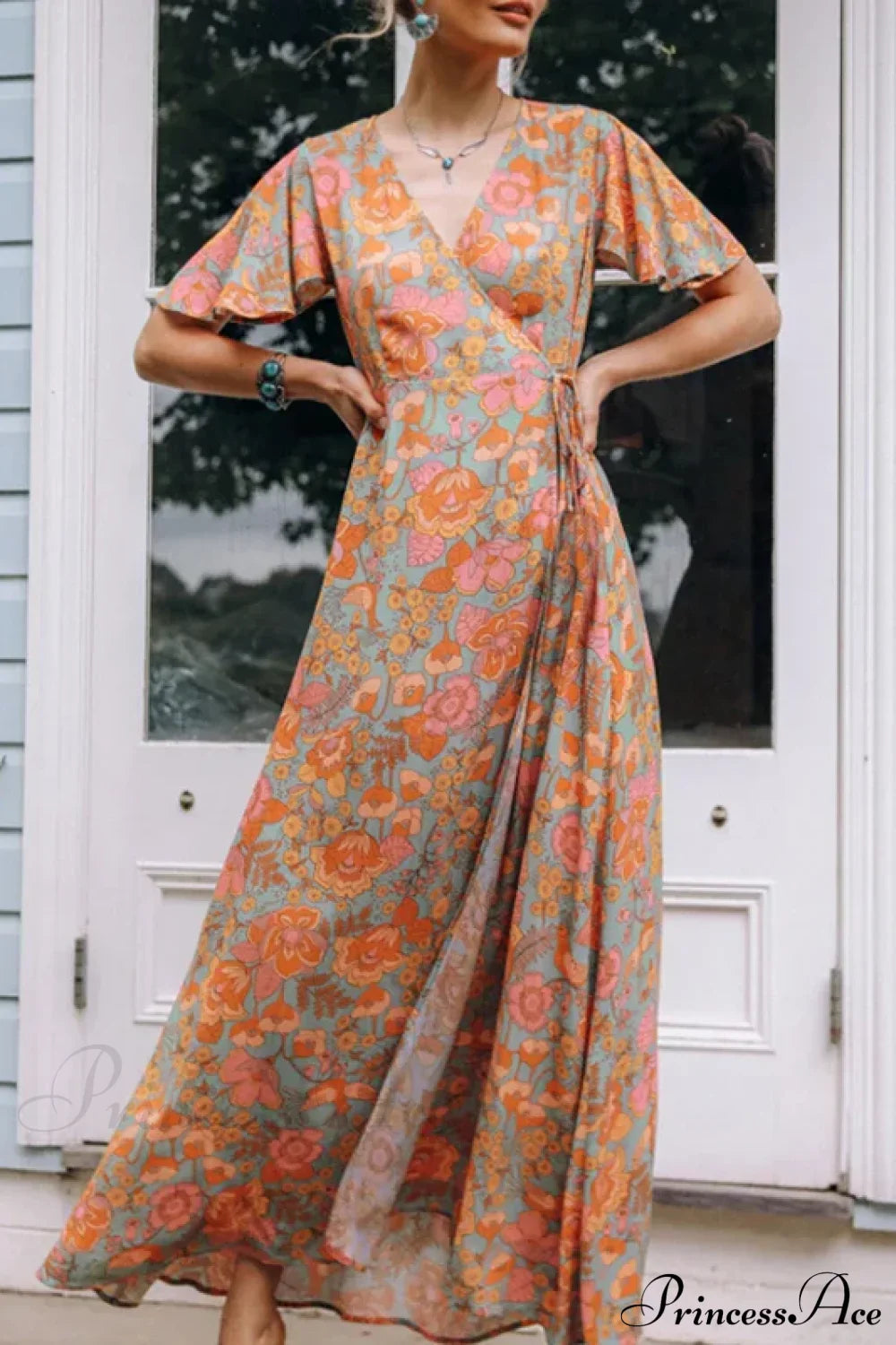 Cotton Orange Floral Boho Dress PINK / S bohodress-250126