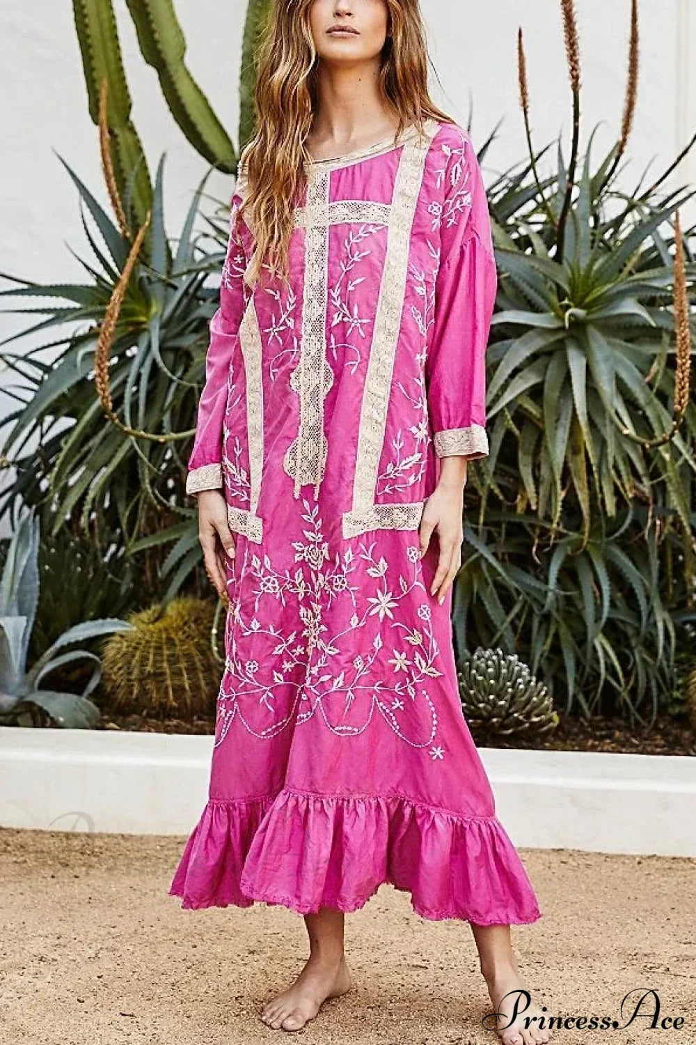 Cotton Rayon Long Sleeve Boho Dress Rose red / S bohodress-250126