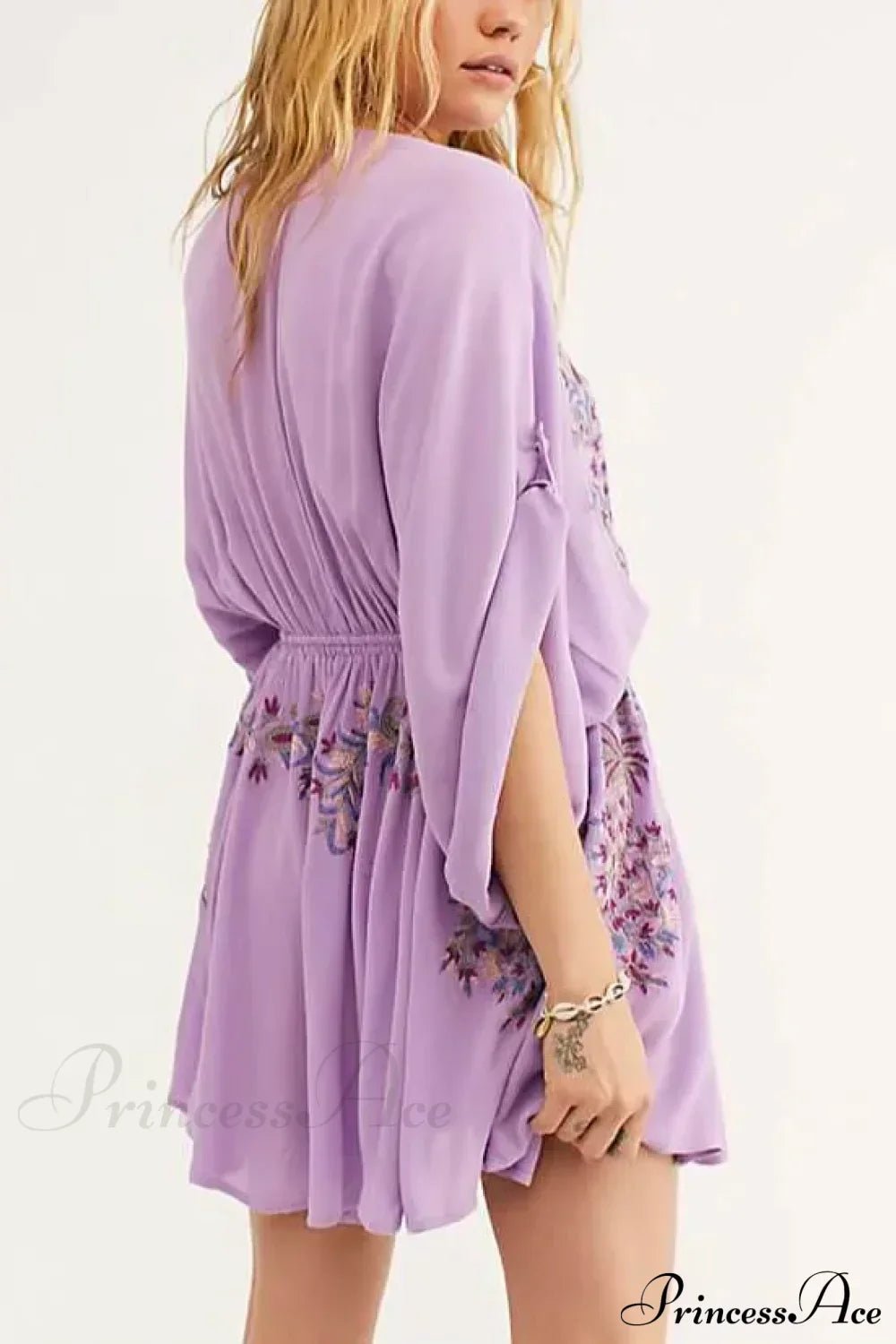 Cotton Rayon Purple Floral Embroidery Boho Dress