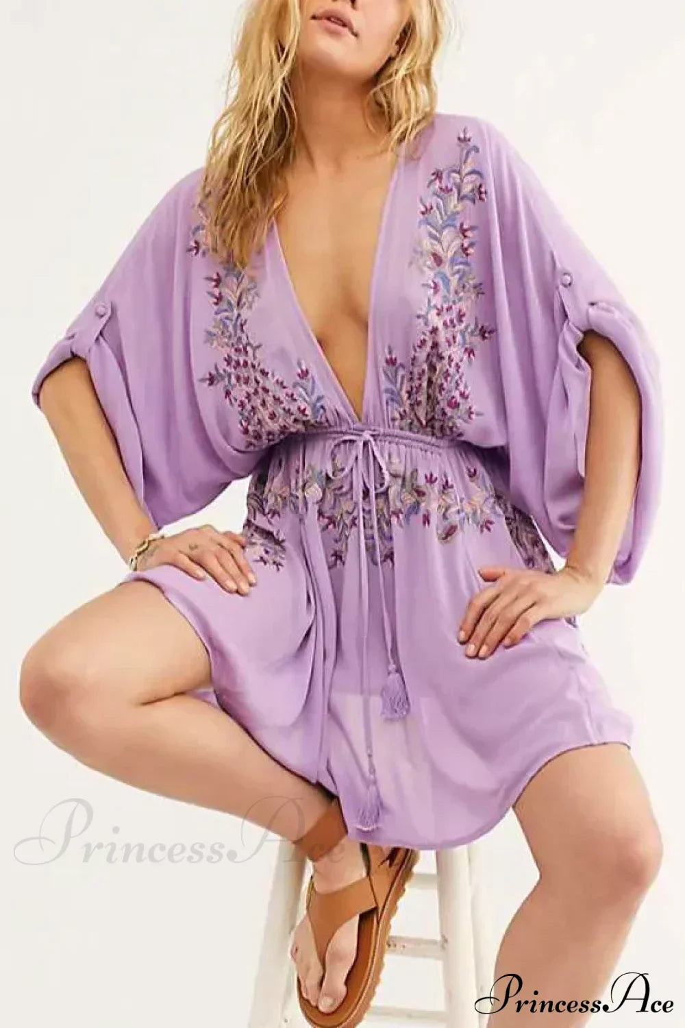 Cotton Rayon Purple Floral Embroidery Boho Dress PURPLE / S bohodress-250126