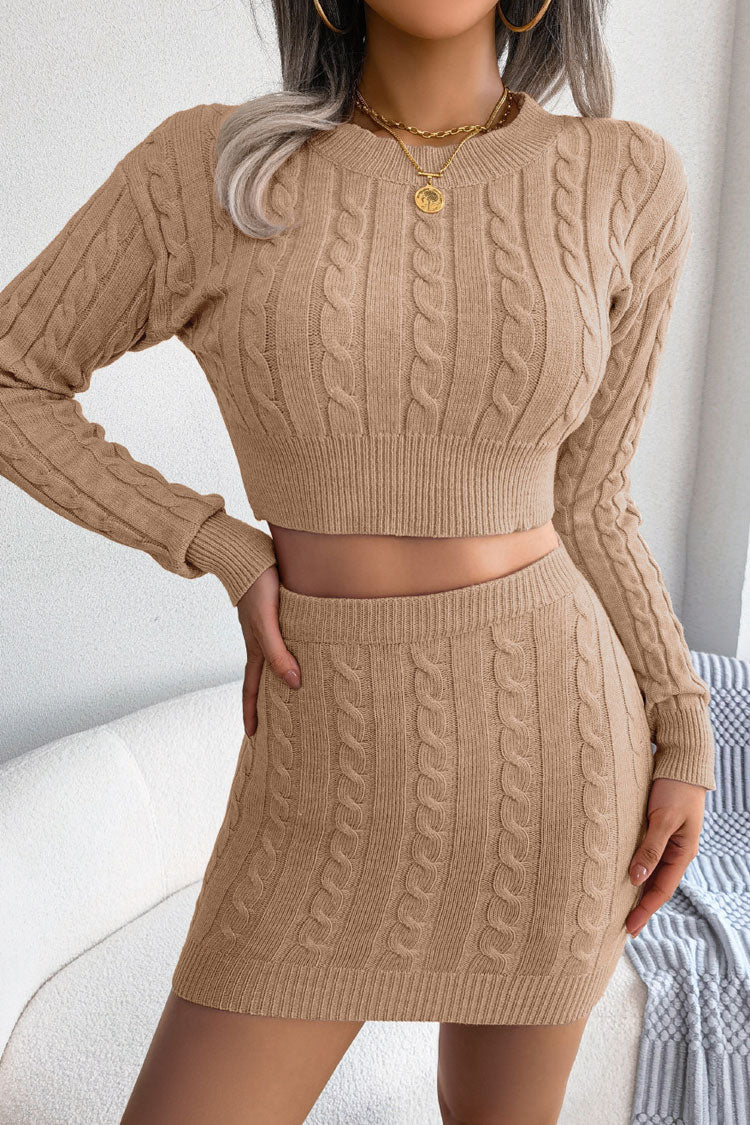 Cozy Fitted Winter Cable Knit Crop Sweater Two Piece Dress - Khaki  Fashionpara