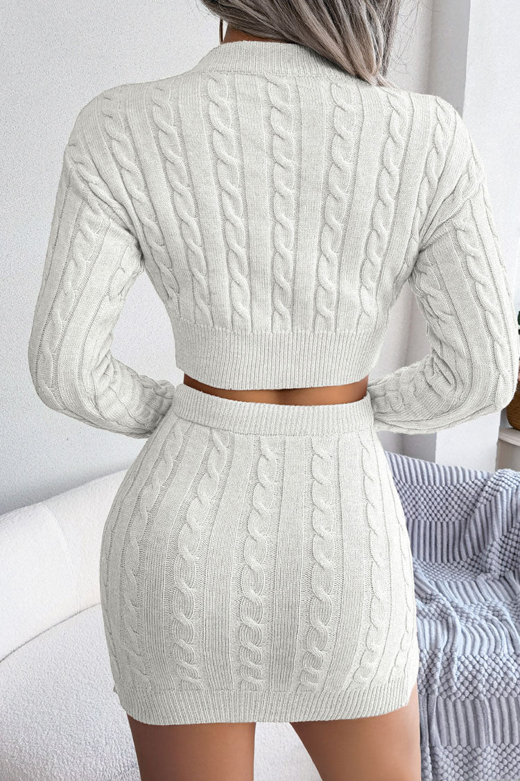 Cozy Fitted Winter Cable Knit Crop Sweater Two Piece Dress - White  Fashionpara