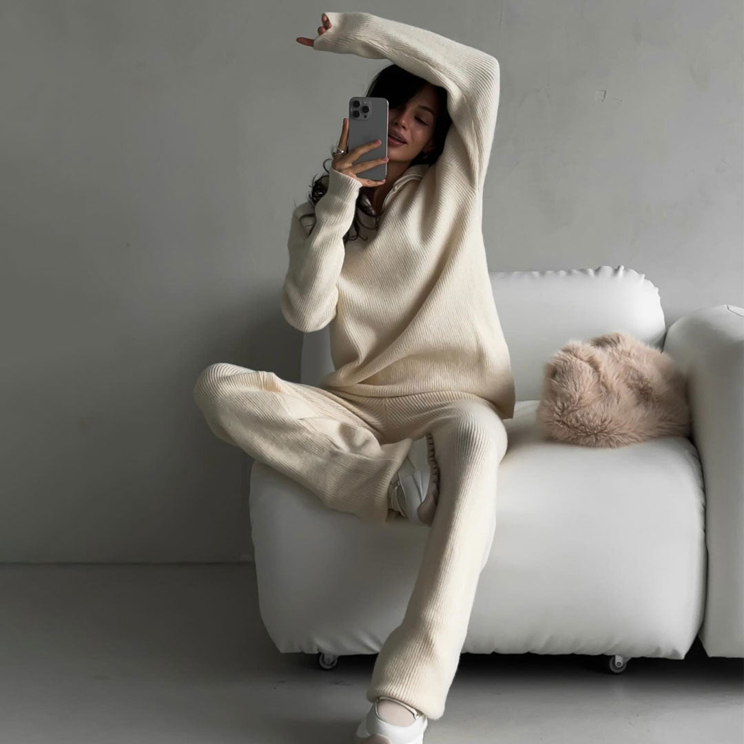 Cozy Ribbed Knit Half Zip Sweater and Pant Set for Style