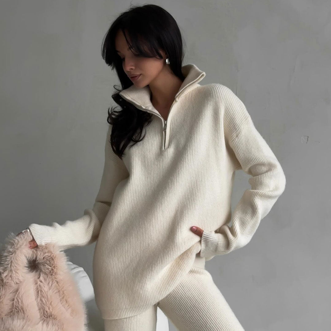 Cozy Ribbed Knit Half Zip Sweater and Pant Set for Style