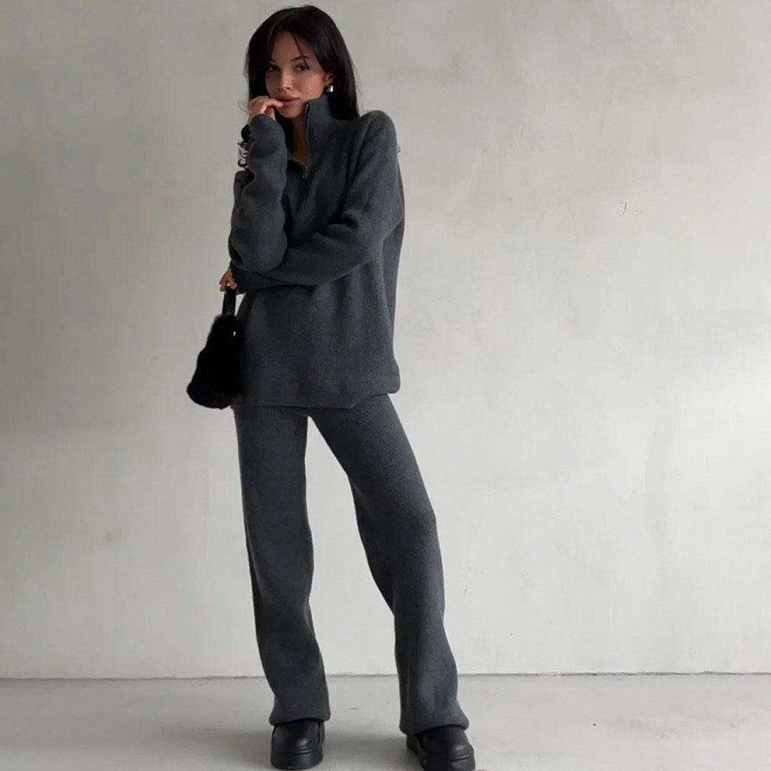 Cozy Ribbed Knit Half Zip Sweater and Pant Set for Style