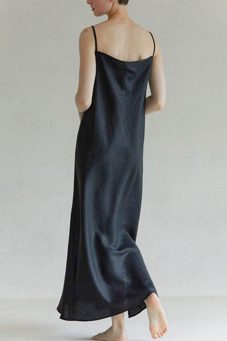 Cozy V Neck Spaghetti Strap Linen Maxi Sundress - Black  Fashionpara