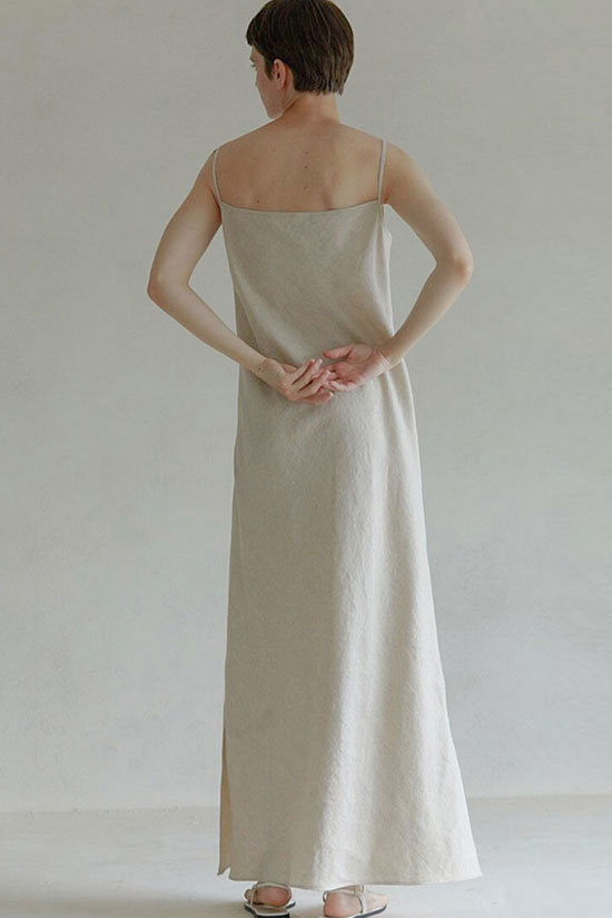 Cozy V Neck Spaghetti Strap Linen Maxi Sundress - Oatmeal  Fashionpara