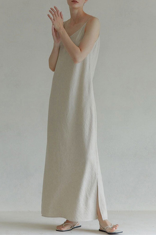 Cozy V Neck Spaghetti Strap Linen Maxi Sundress - Oatmeal  Fashionpara