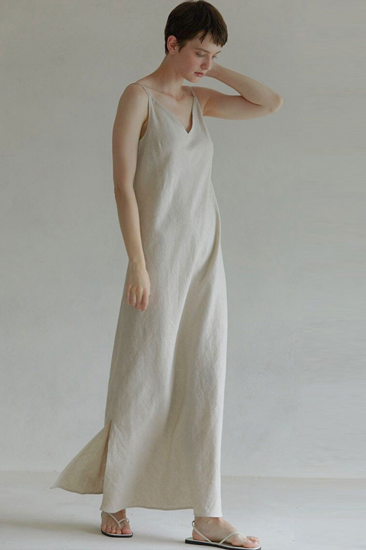 Cozy V Neck Spaghetti Strap Linen Maxi Sundress - Oatmeal  Fashionpara
