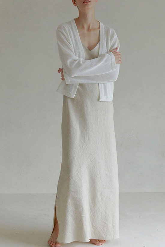 Cozy V Neck Spaghetti Strap Linen Maxi Sundress - Oatmeal  Fashionpara