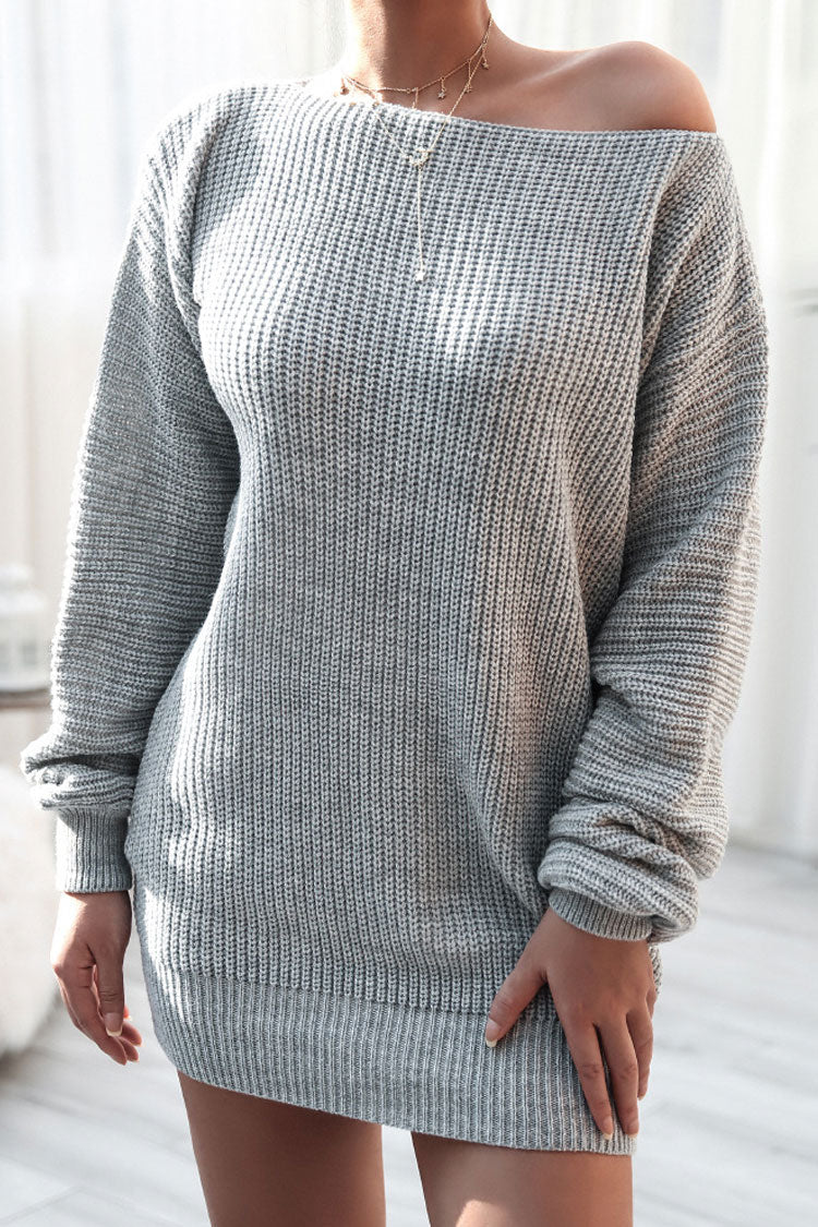 Cozy Gray Long Sleeve Boat Neck Sweater Dress for Winter