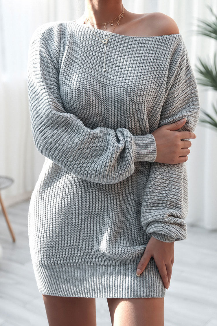 Cozy Gray Long Sleeve Boat Neck Sweater Dress for Winter
