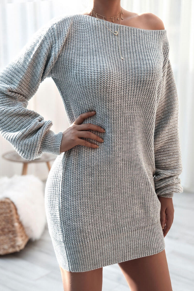 Cozy Gray Long Sleeve Boat Neck Sweater Dress for Winter