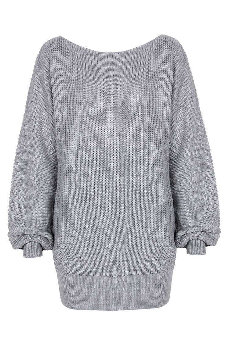 Cozy Gray Long Sleeve Boat Neck Sweater Dress for Winter