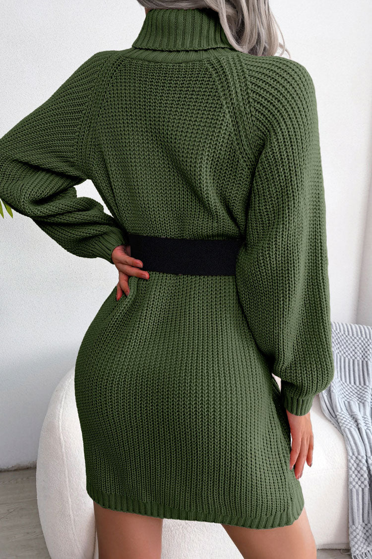 Cozy Ribbed Turtleneck Sweater Dress in Army Green