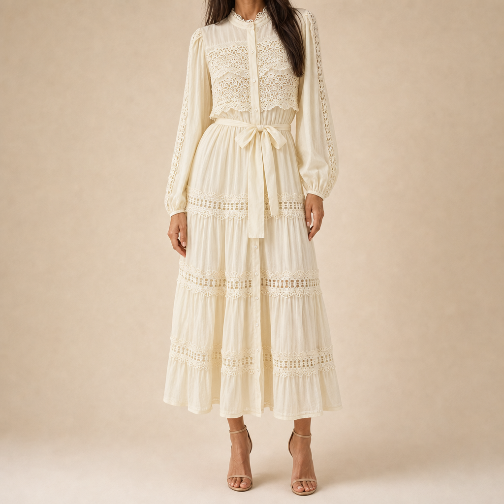 High Neck Long Sleeve Lace Trim Tiered Belted Midi Dress