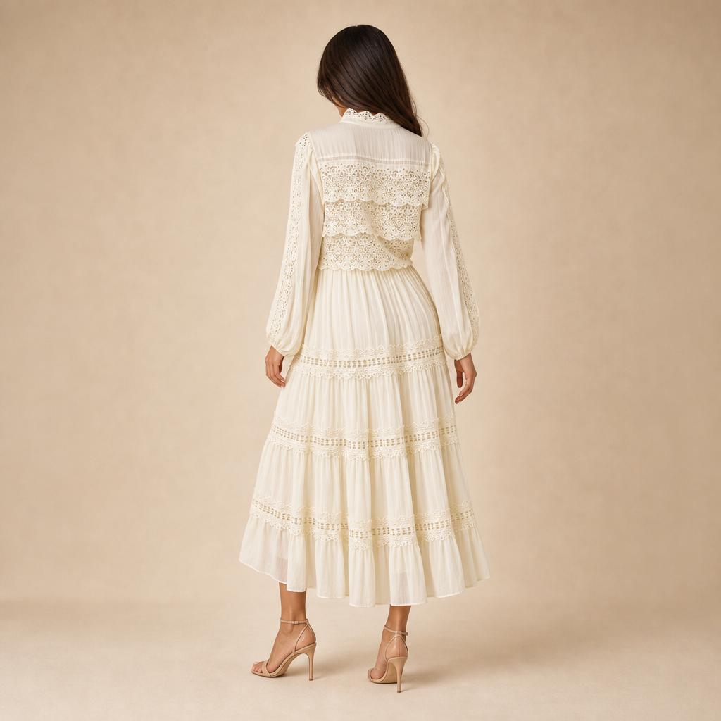 High Neck Long Sleeve Lace Trim Tiered Belted Midi Dress 4