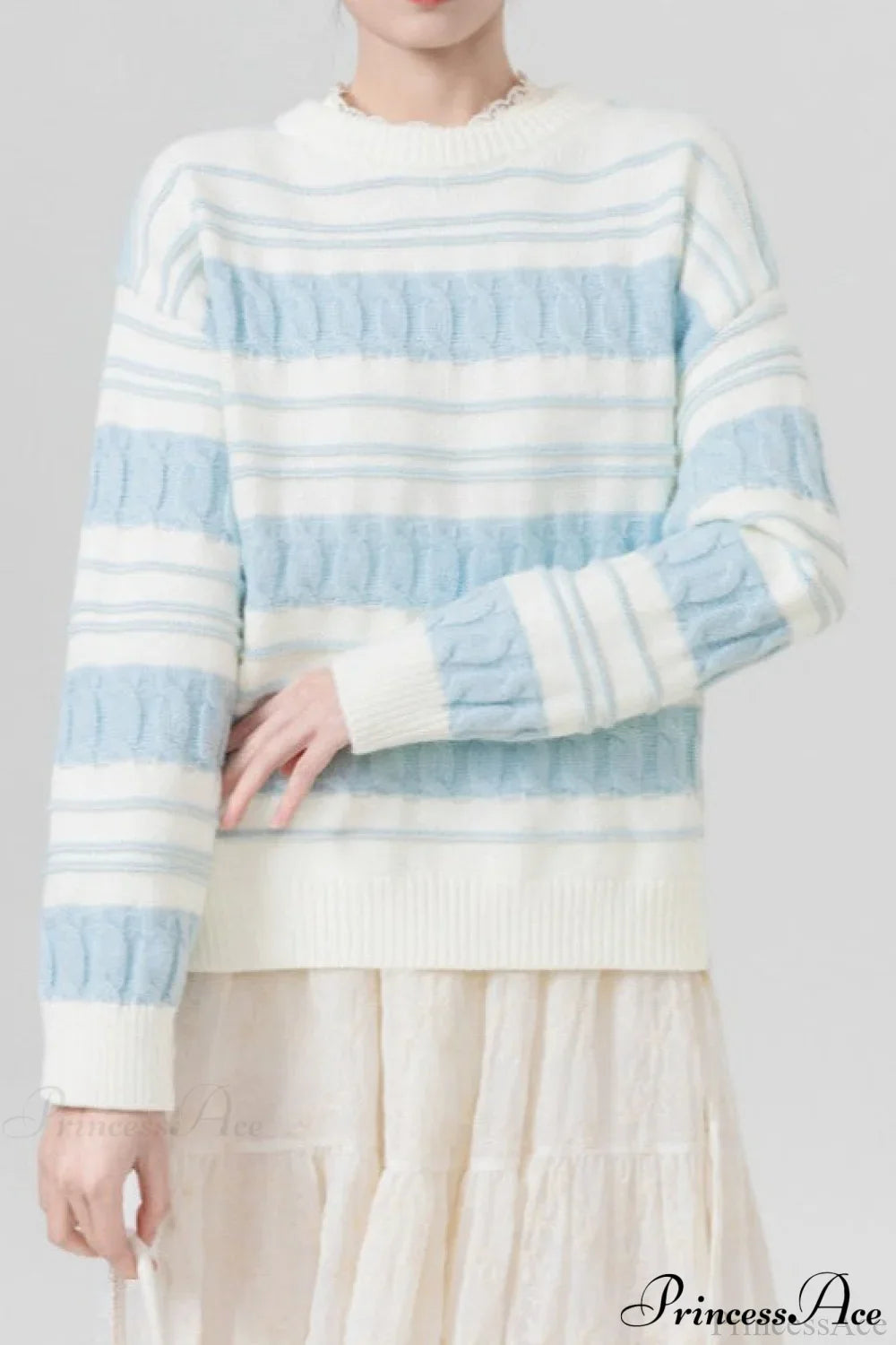 PrincessAce Creamy Stripe Loose Cable-Knit Sweater