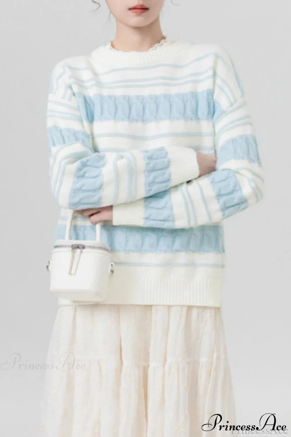 PrincessAce Creamy Stripe Loose Cable-Knit Sweater