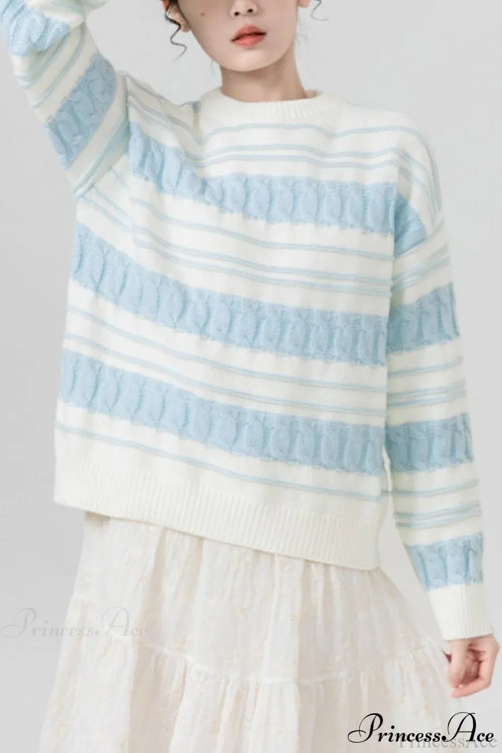 PrincessAce Creamy Stripe Loose Cable-Knit Sweater