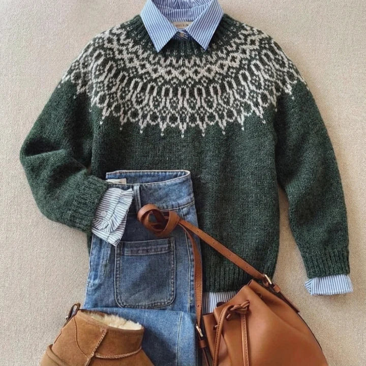 Fair Isle Crew Neck Long Sleeve Knit Sweater