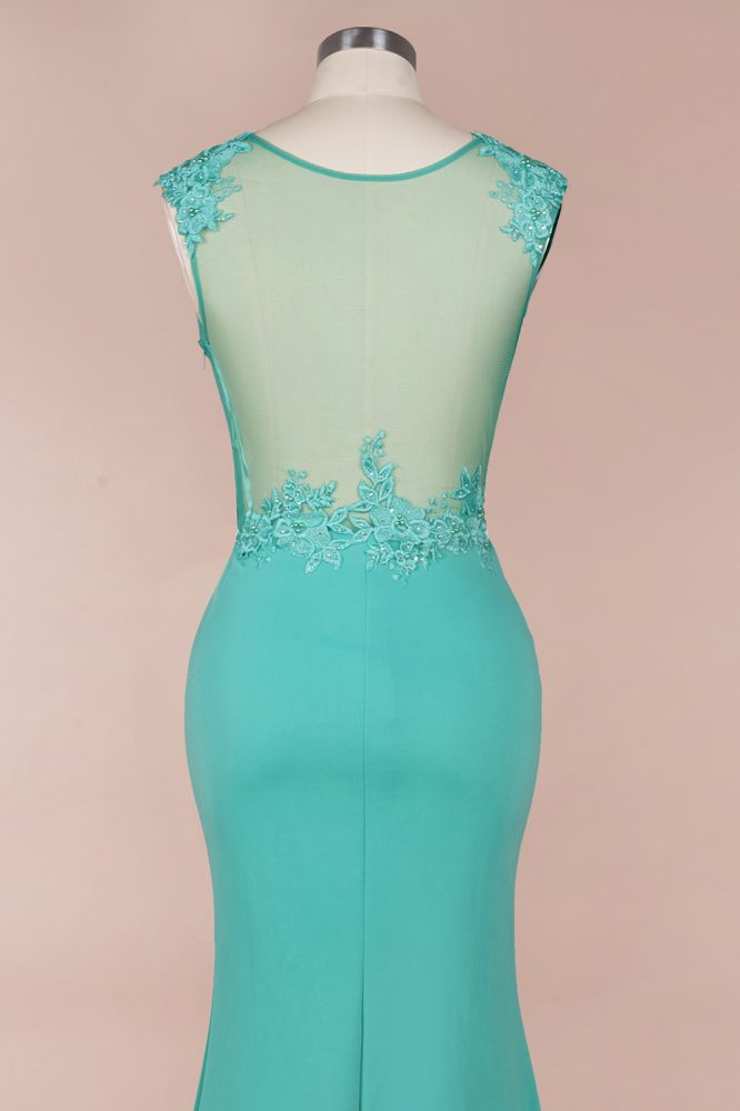 Crew Neck Lace Appliques Chiffon Mermaid Evening Maxi Dress Sleeveless Formal Dress