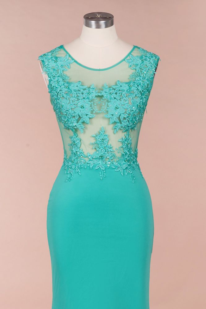 Crew Neck Lace Appliques Chiffon Mermaid Evening Maxi Dress Sleeveless Formal Dress