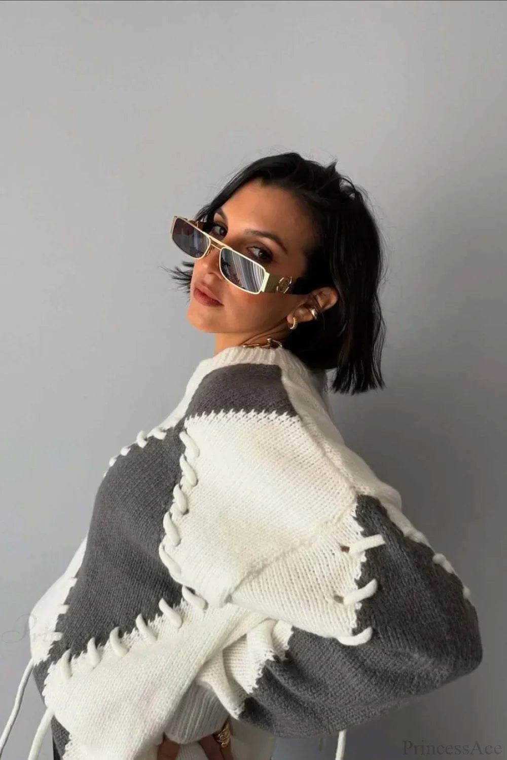 Crew Neck Long Sleeve Contrast Argyle Drawcord Sweater