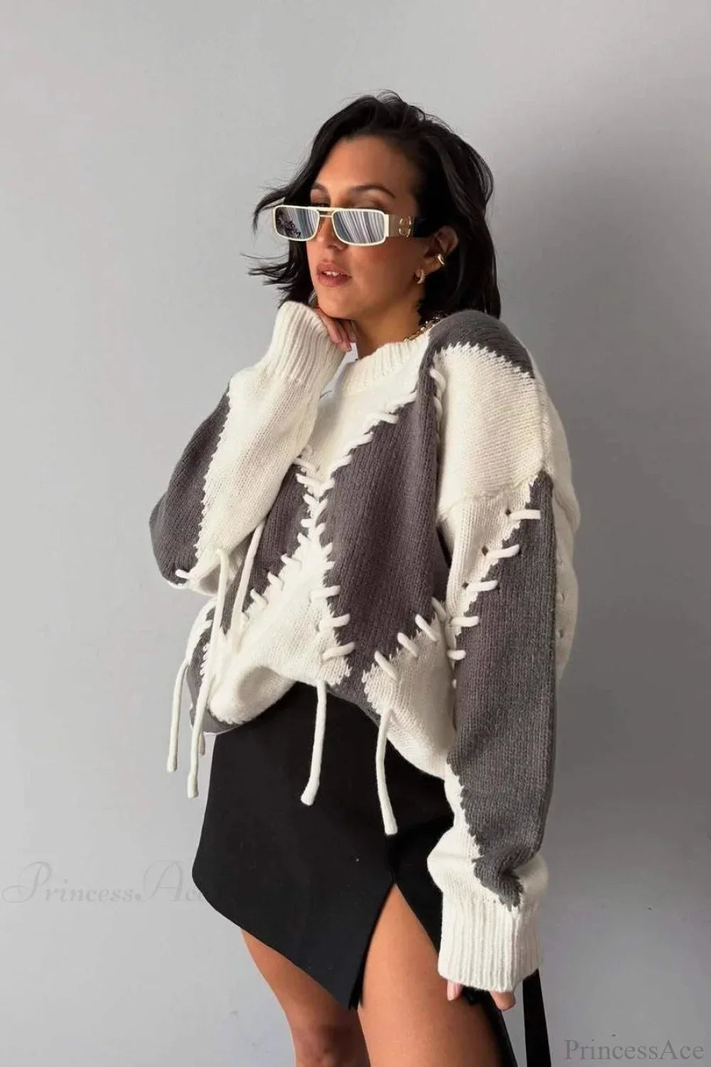 Crew Neck Long Sleeve Contrast Argyle Drawcord Sweater