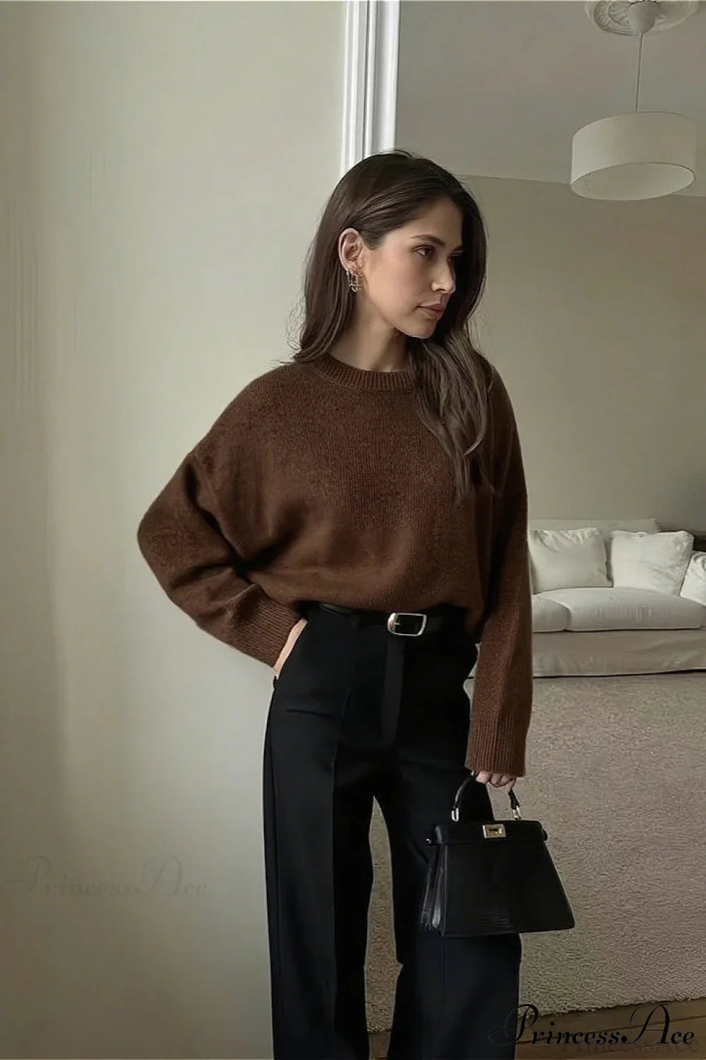 Crew Neck Thick Solid Short Sweater Brown / M