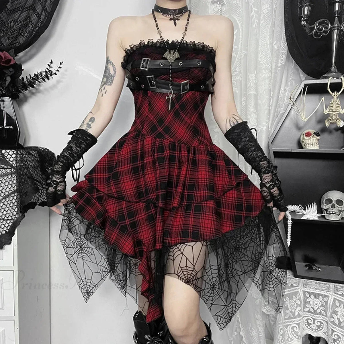 Strapless Plaid Buckle Strap Lace Trim Tiered Ruffle Mini Dress